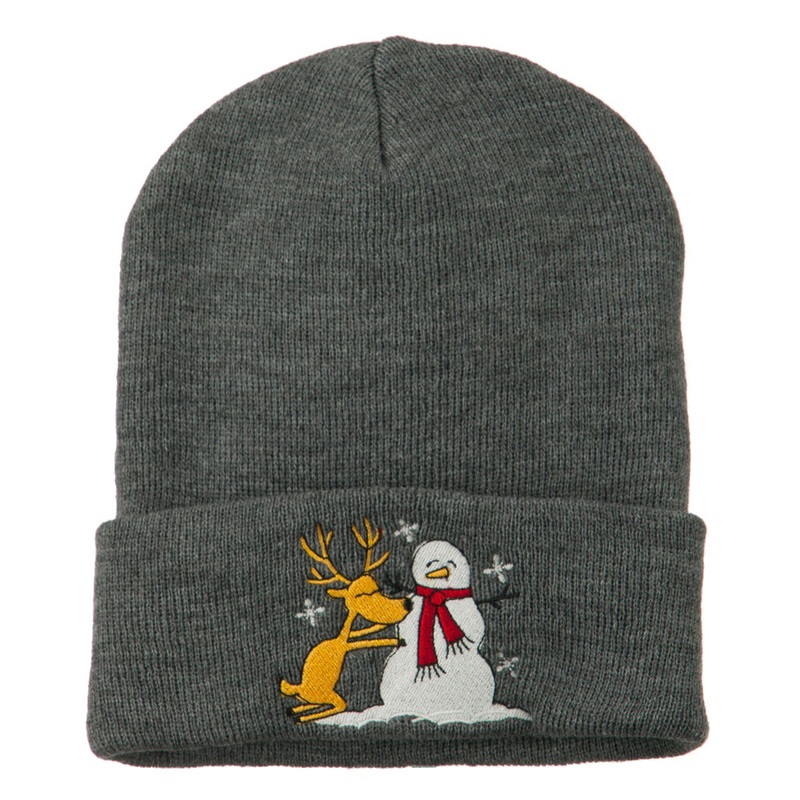Reindeer and Snowman Embroidered Cuff Beanie Grey One Size