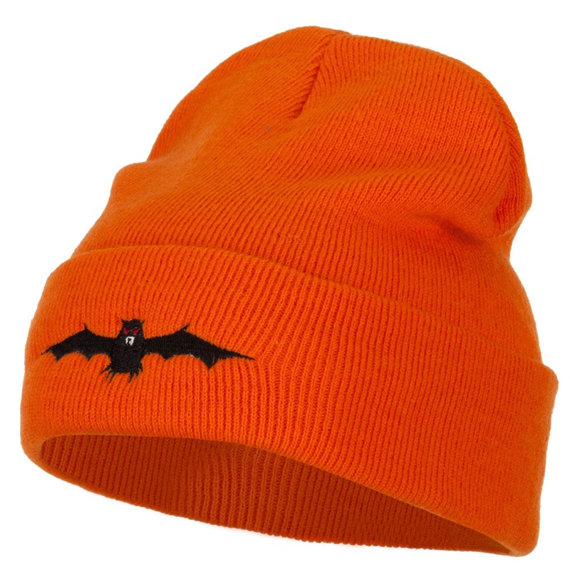Halloween Bat Embroidered Long Beanie Orange One Size
