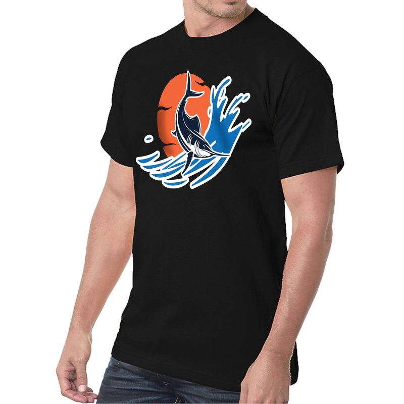 Marlin Fish Logo Embroidered Made In USA Heavy Weight Crew T-Shirt Black S