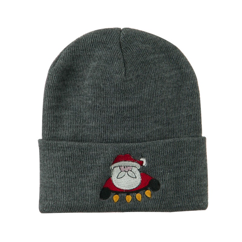 Santa with Christmas Lights Embroidered Beanie Grey One Size