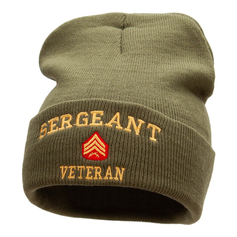 Sergeant Veteran Embroidered Long Knitted Beanie Olive One Size