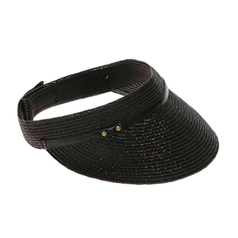 Straw Sun Visor with Faux Leather Belt Accent Black
