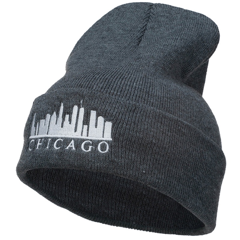 Chicago Skyline Embroidered Long Beanie Dk Grey One Size
