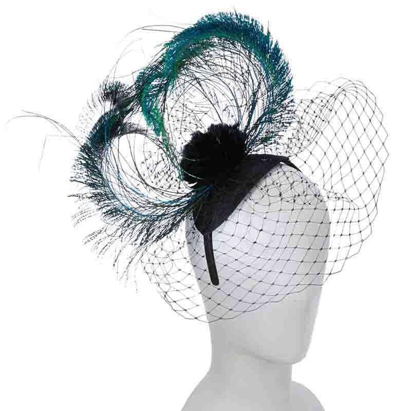 Peacock Feather and Netting Fascinator Headband – Scala Hats Black
