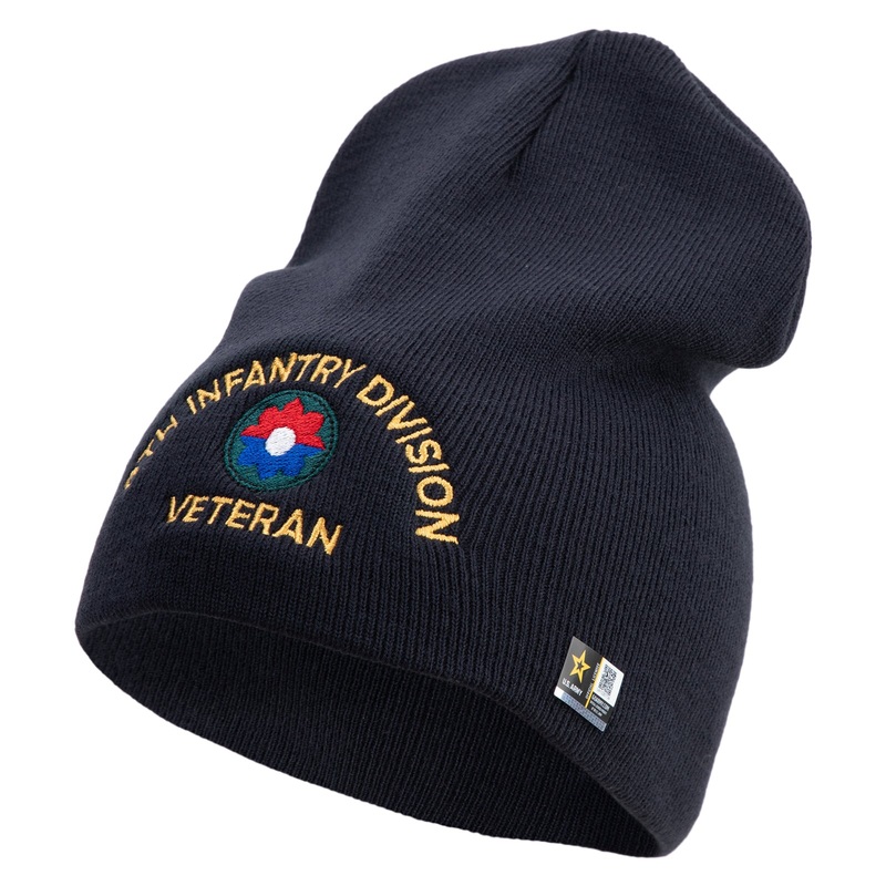U.S. Army 9th Infantry Division Symbol Embroidered 8 Inch Solid Knit Short Beanie Made in USA Navy One Size