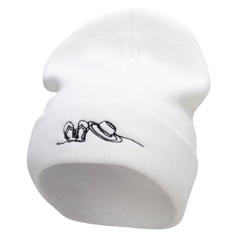 Beach Fit Embroidered 12 Inch Long Knitted Beanie White One Size