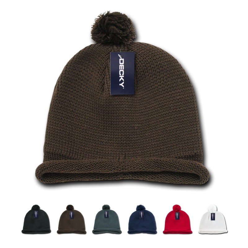 Decky 611A – Solid Roll Up Beanie with Pom Pom, Knit Cap Black