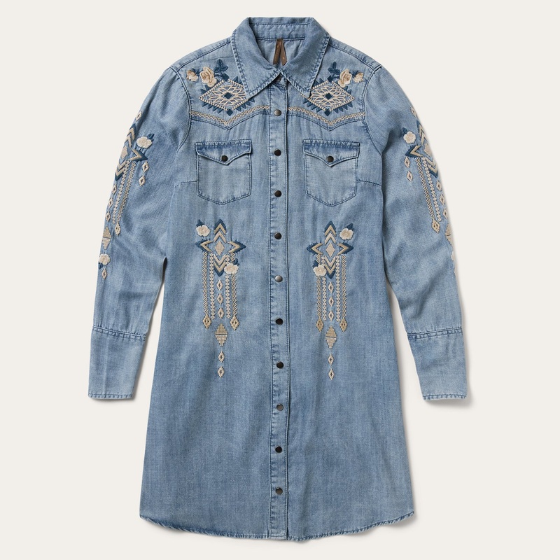 Embroidered Denim Twill Shirt Dress Blue XXS
