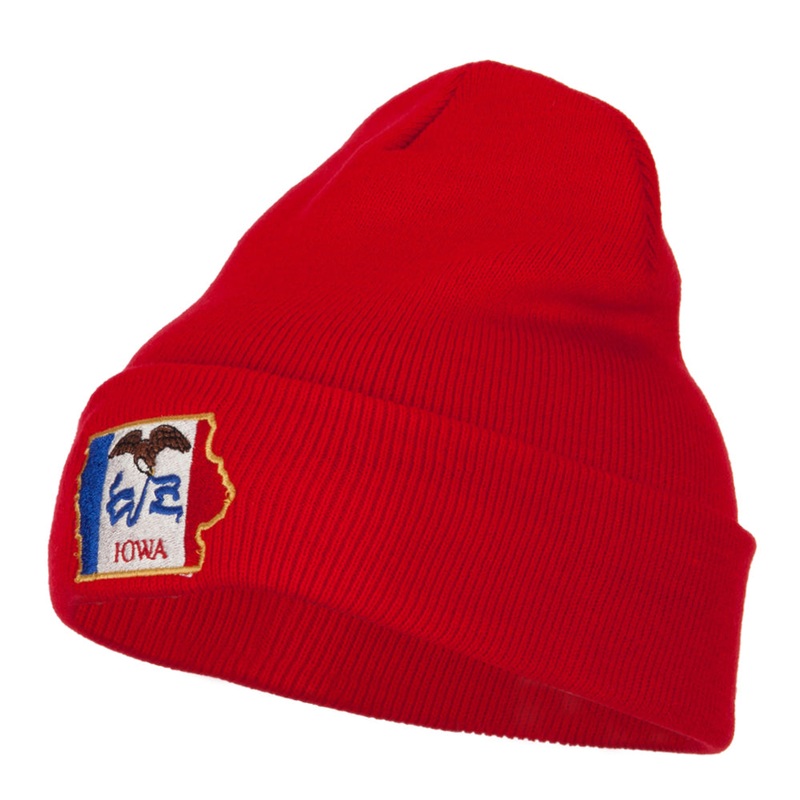 Iowa State Flag Map Embroidered Long Beanie Red One Size