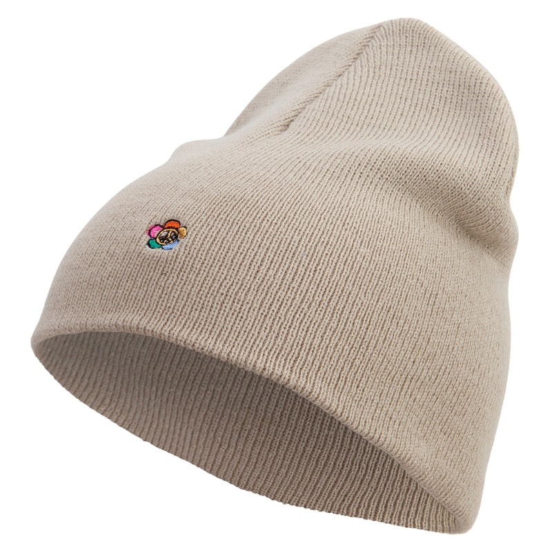Made in USA Peace Flower Embroidered 8 Inch Solid Knit Short Beanie Stone One Size