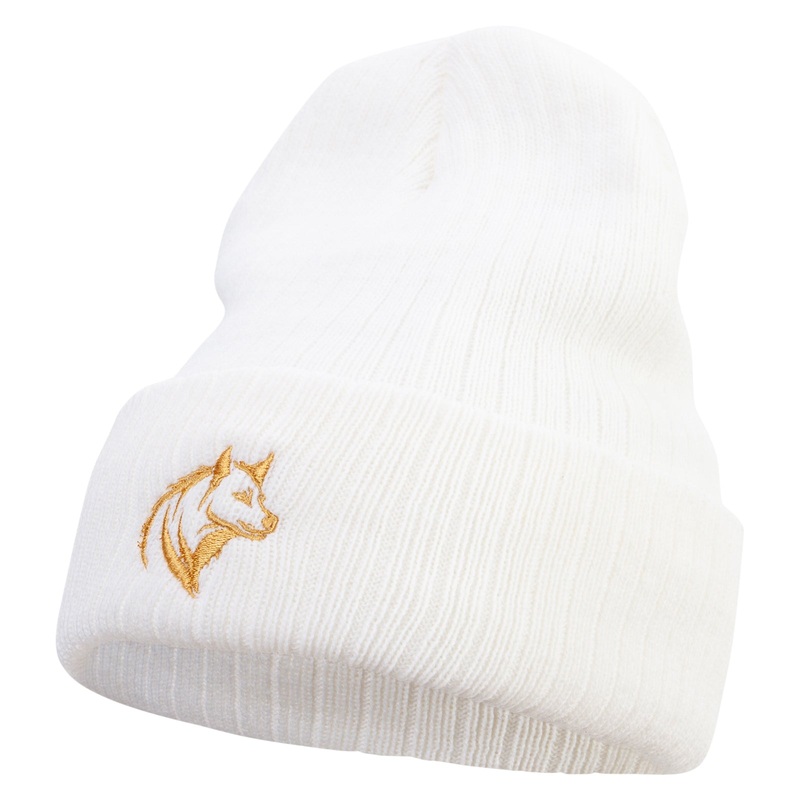Made in USA Hyena Logo Embroidered Heavy Ribbed Cuff Beanie White One Size