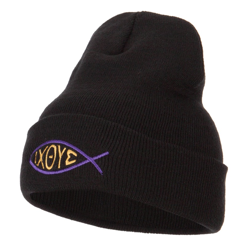 Religious Symbol of Christ Embroidered Long Beanie Black One Size