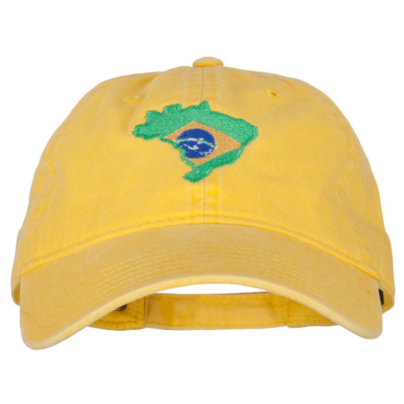 Brazil Flag Map Embroidered Washed Cotton Twill Cap Bright Yellow One Size