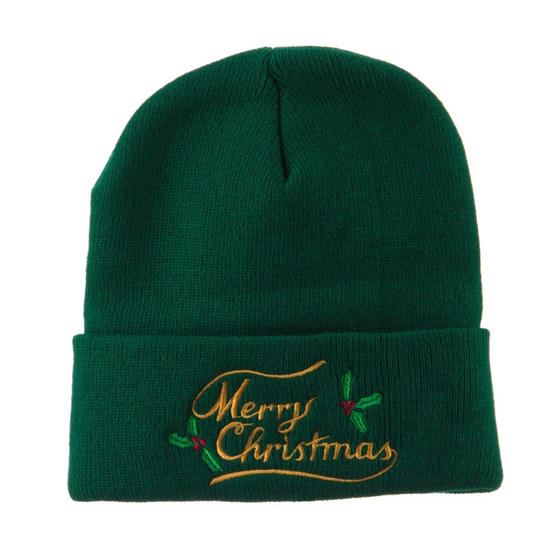 Merry Christmas with Mistletoes Embroidered Long Beanie Green One Size