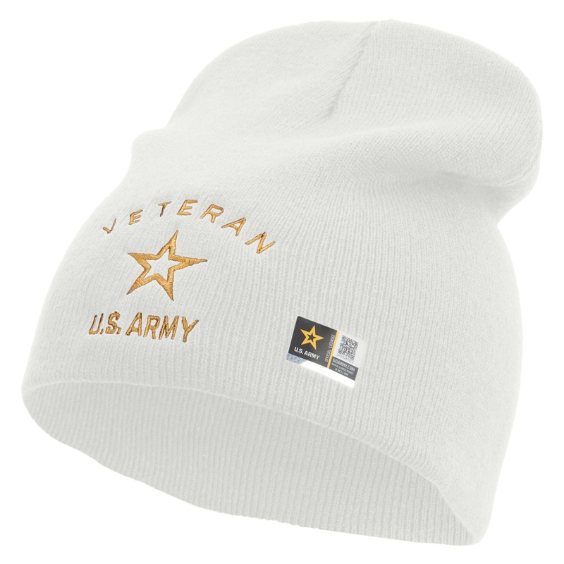 US Army Veteran Military Embroidered 8 Inch Knitted Short Beanie White One Size