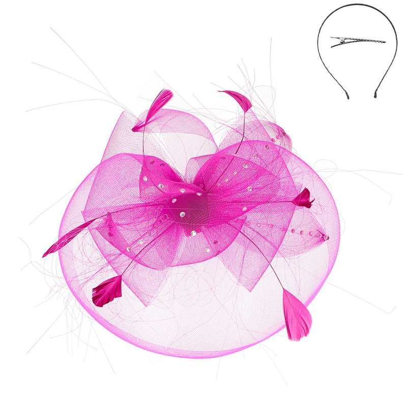 Artsy Feather and Rhinestone Mesh Fascinator – Something Special Fuchsia
