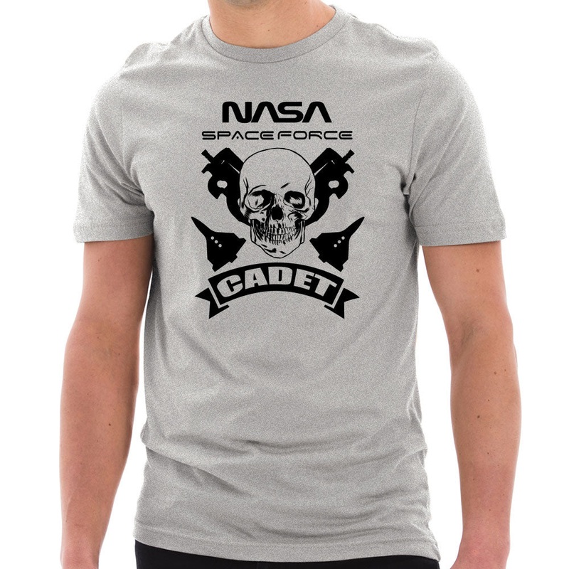 NASA Space Force Cadet Skull Designed Short Sleeve Cotton Jersey T-Shirt Heather Grey XS