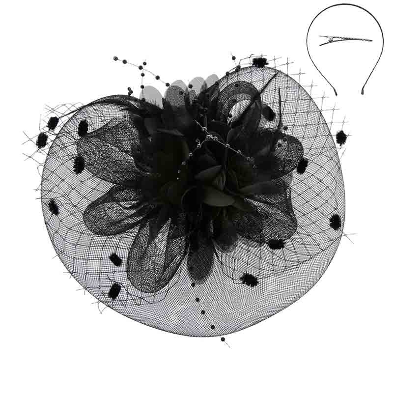 Satin Flower Dotted Netting Fascinator Headband – Something Special Black