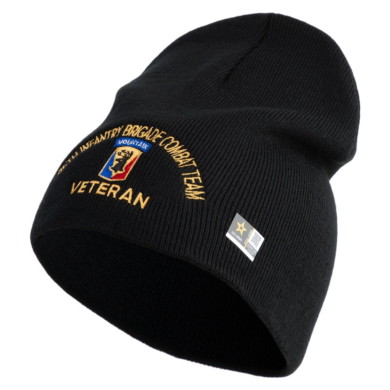 U.S. Army 86th Infantry Brigade Combat Team Symbol Embroidered 8 Inch Solid Knit Short Beanie Made in USA Black One Size