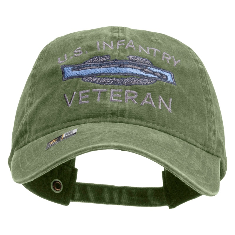 US Infantry Veteran Embroidered Washed Solid Pigment Dyed Cotton Twill Brass Buckle Cap Olive One Size