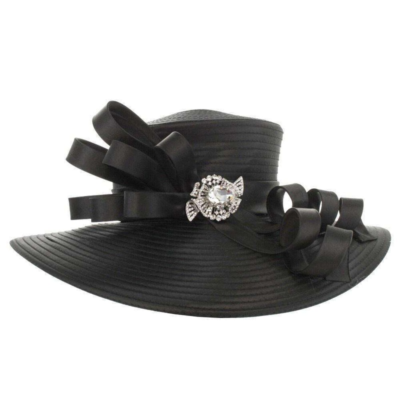 Large Brim Satin Braid Dress Hat Black