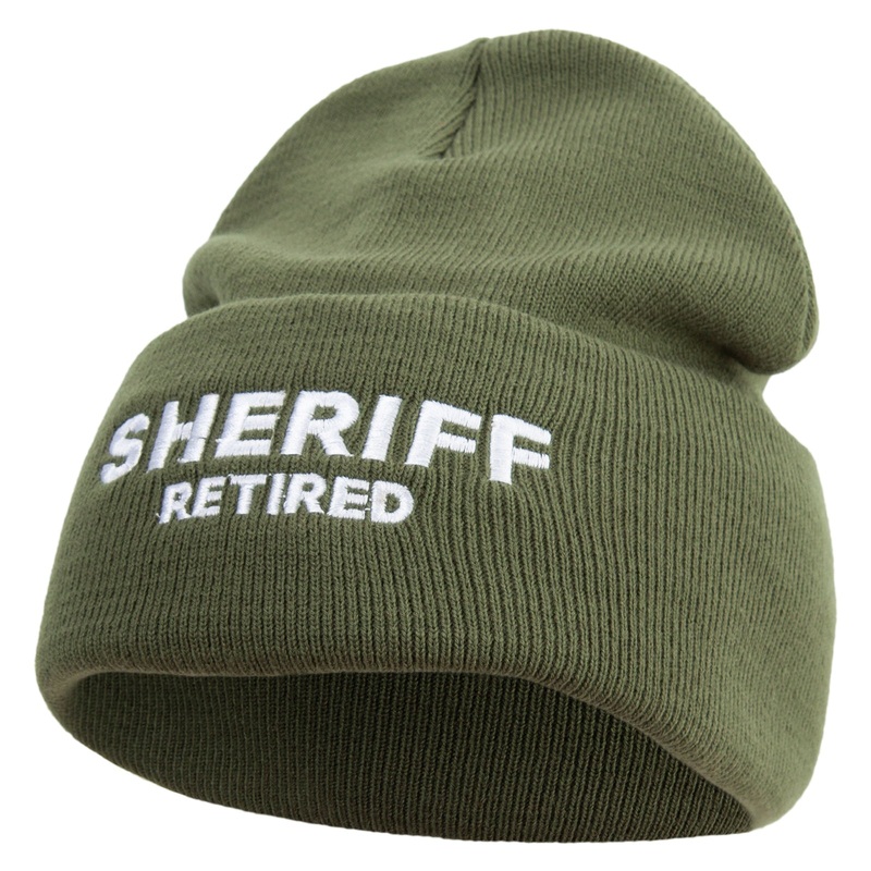 Made in USA Sheriff Retired Logo 12 Inch Solid Knit Cuff Long Beanie Olive One Size