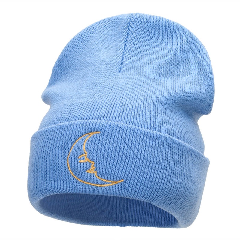 Sleepy Moon Embroidered Long Knitted Beanie Sky Blue One Size
