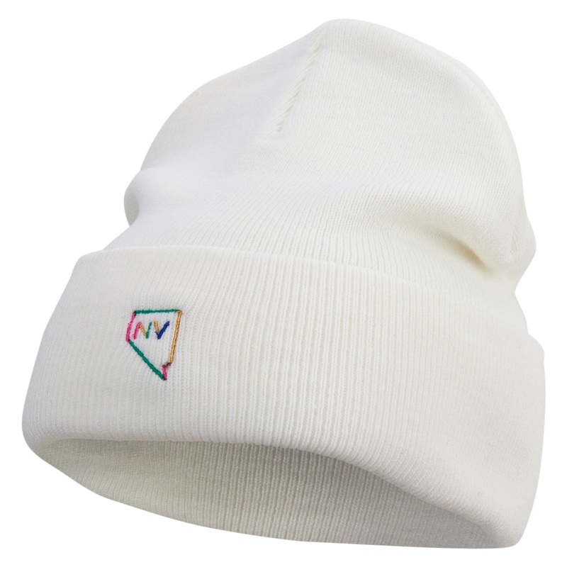 Made in USA Colorful Nevada Map Embroidered 12 Inch Solid Knit Cuff Long Beanie White One Size