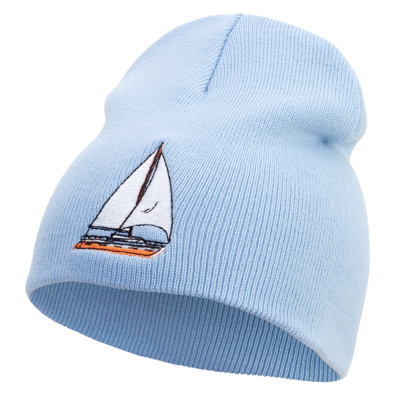 Sailing Lake Boat Embroidered 8 inch Acrylic Short beanie Lt Blue One Size