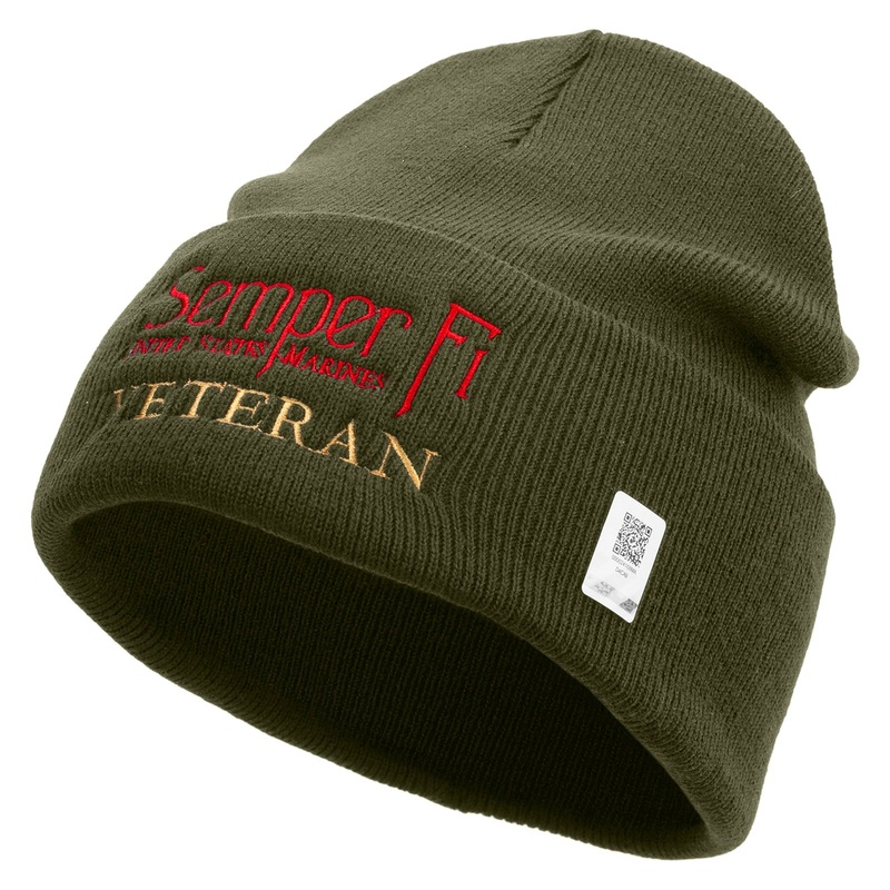 United States Marines Semper Fi Veteran Logo Embroidered 12 Inch Solid Knit Cuff Long Beanie Made in USA Olive One Size