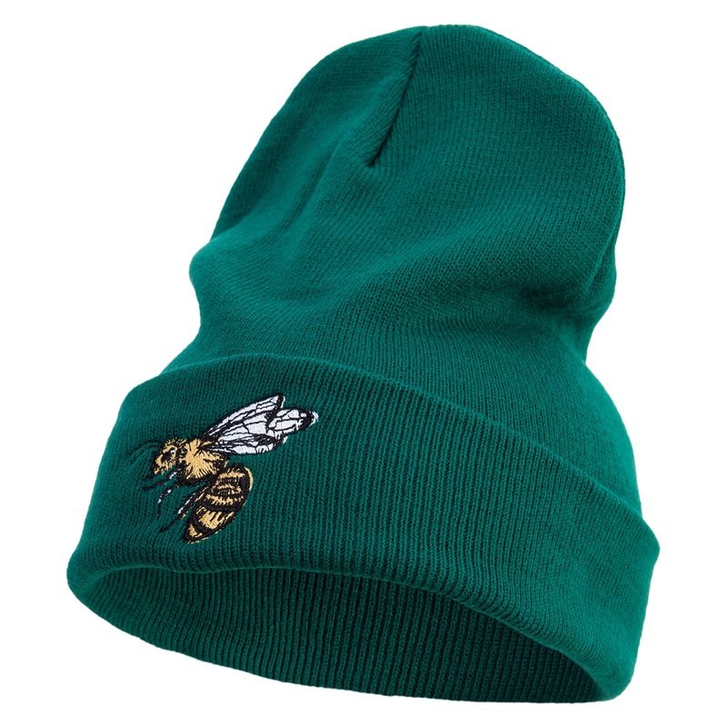Yellow Bee Embroidered 12 Inch Long Knitted Beanie Dk Green One Size