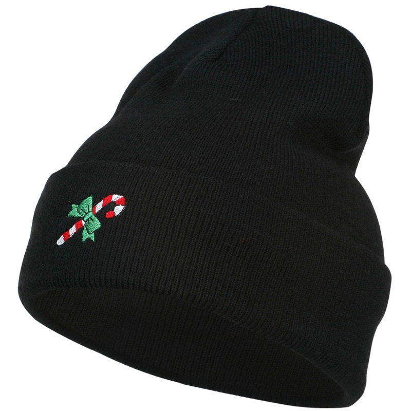 Christmas Candy Cane Embroidered Long Beanie Black One Size