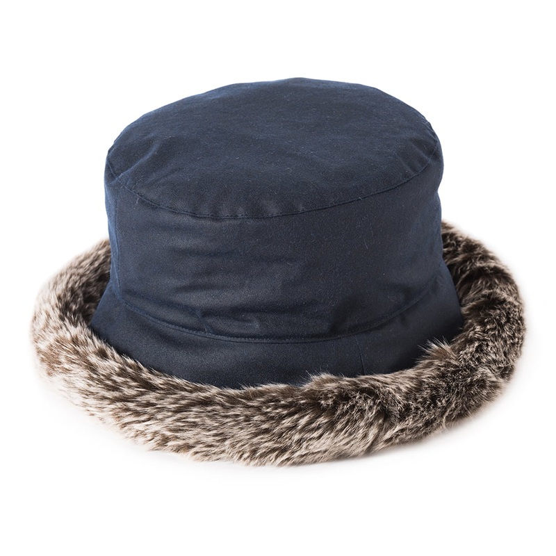 Failsworth Hats Classic Wax Cotton Faux Fur Trim Bucket Hat – Navy Blue 1-Size
