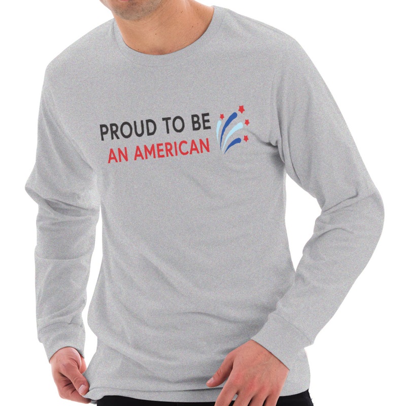 Proud American Phrase Ring Spun Cotton Premium Long Sleeve Graphic Shirt Heather Grey XS