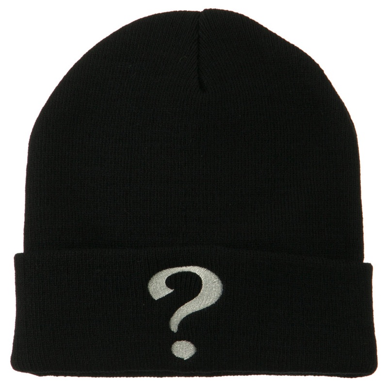 Question Mark Embroidered Long Knit Beanie Black One Size