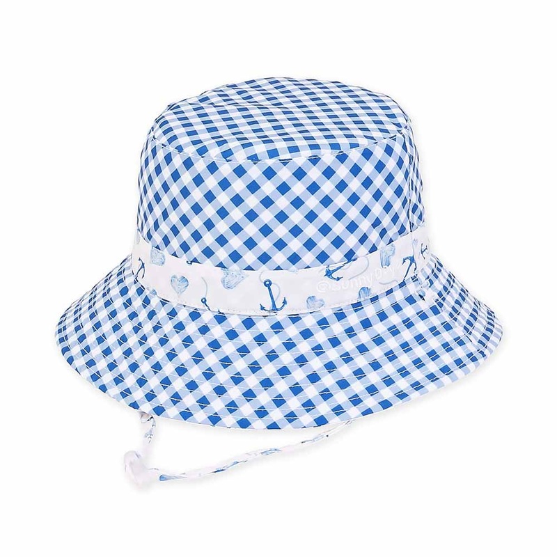 Small Heads Anchors and Hearts Gingham Reversible Cotton Bucket Hat – Sunny Dayz Blue 51 cm