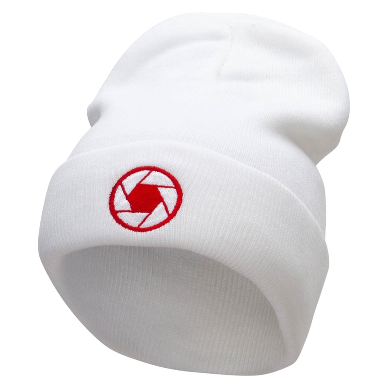 Camera Focus Embroidered 12 Inch Long Knitted Beanie White One Size