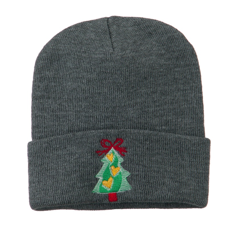 Christmas Tree Hearts Bow Embroidered Beanie Grey One Size