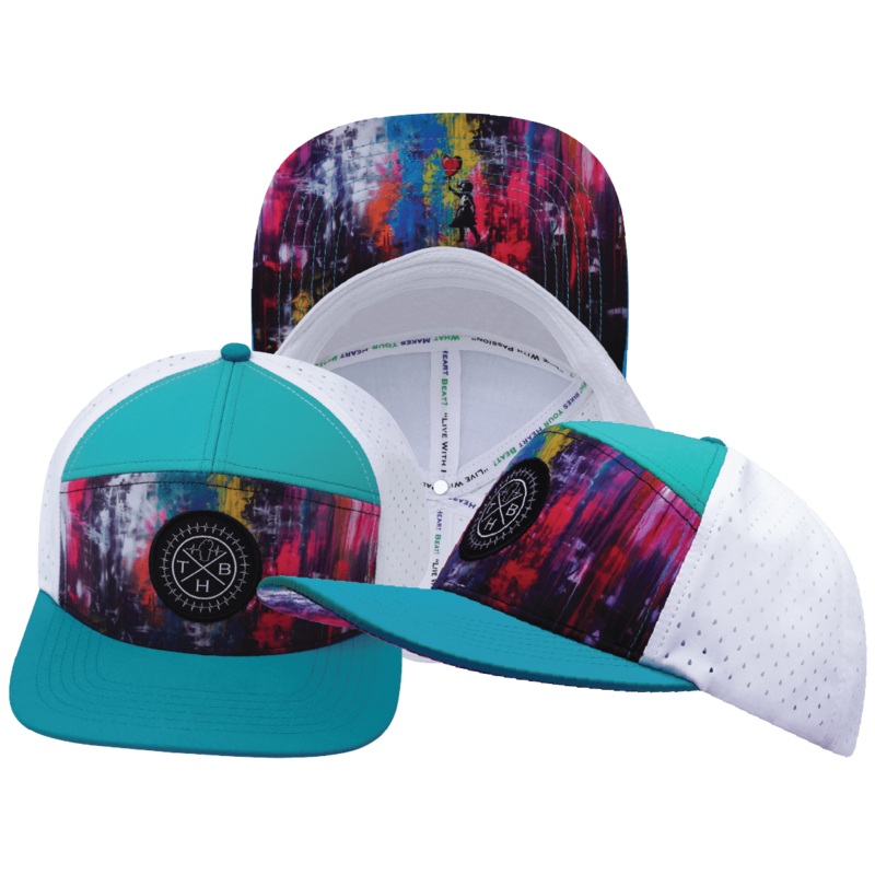 Color Vibes Hat – Flat Bill – Street Art – Neon Blue / Neon Green Blue / White – Laser Mesh