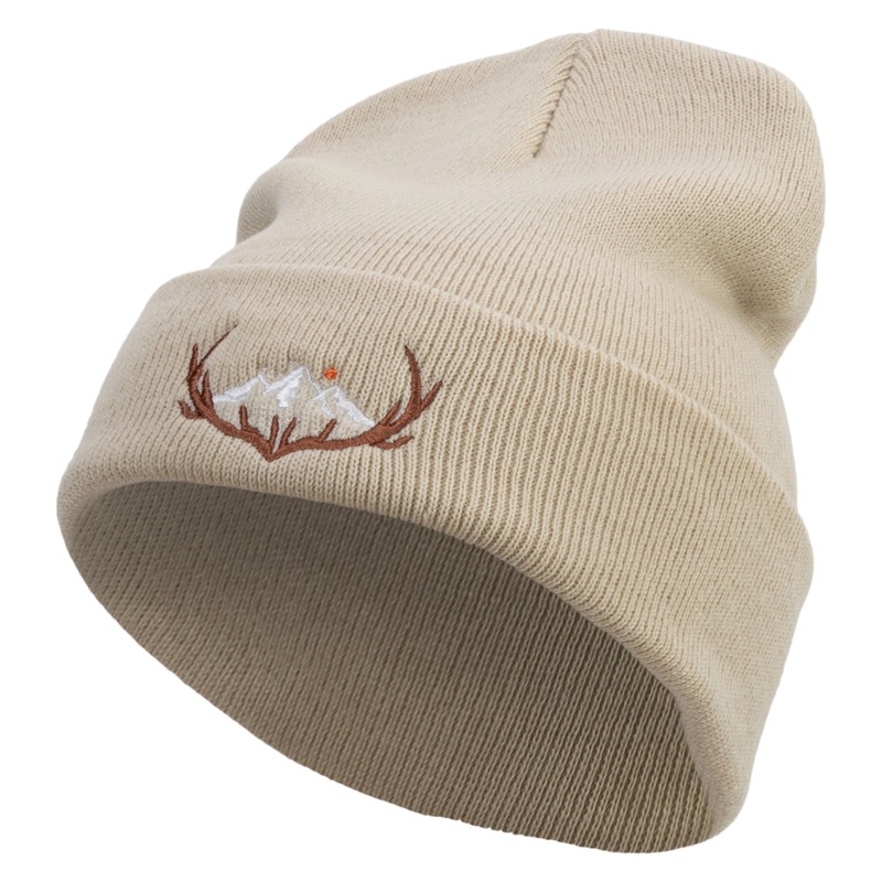 Deer Mountain Embroidered 12 Inch Long Knitted Beanie Birch One Size