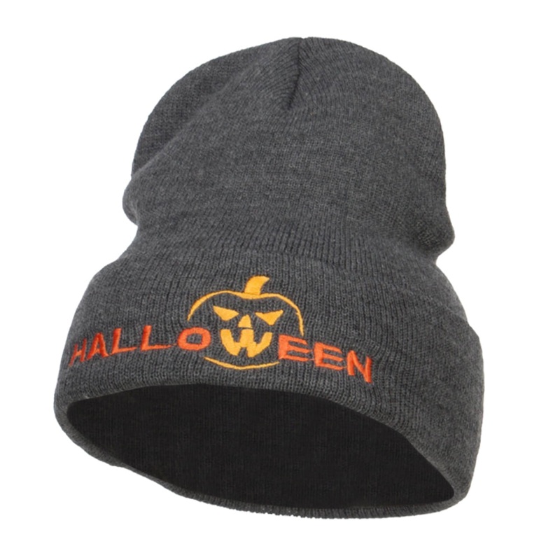 Halloween Pumpkin Face Embroidered Long Beanie Dk Grey One Size