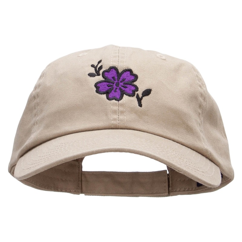Mallow Flower Embroidered Low Profile Dyed Cotton Twill Cap Khaki One Size