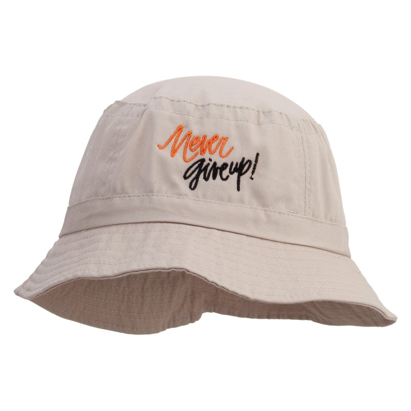 Never Give Up Embroidered Pigment Dyed Bucket Hat Khaki One Size