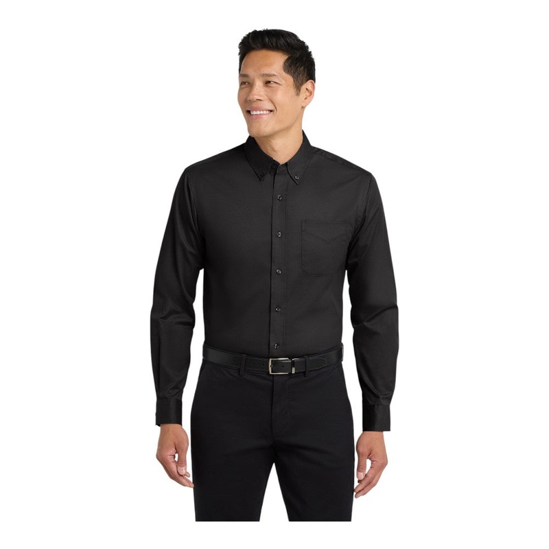 Port Authority S608ES Extended Size Long Sleeve Easy Care Shirt Black/ Light Stone 7XL