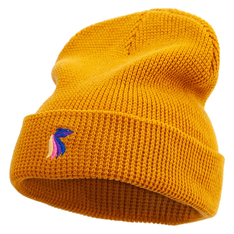 Rainbow Fish Logo Embroidered Waffle Knit Cuff Beanie Camel One Size