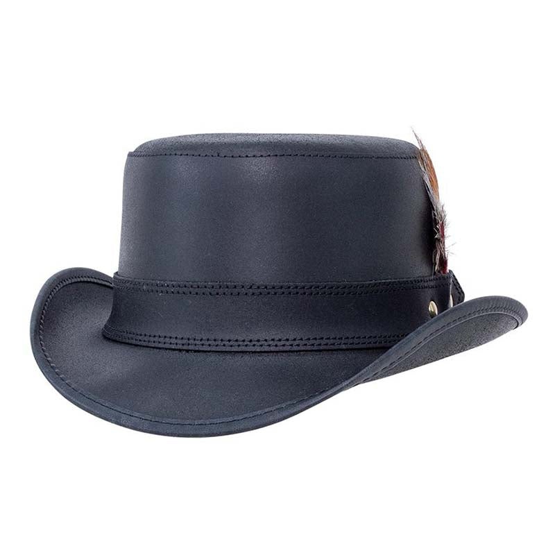 Stoker Leather Top Hat with Feather, Black – Steampunk Hatter Black Small