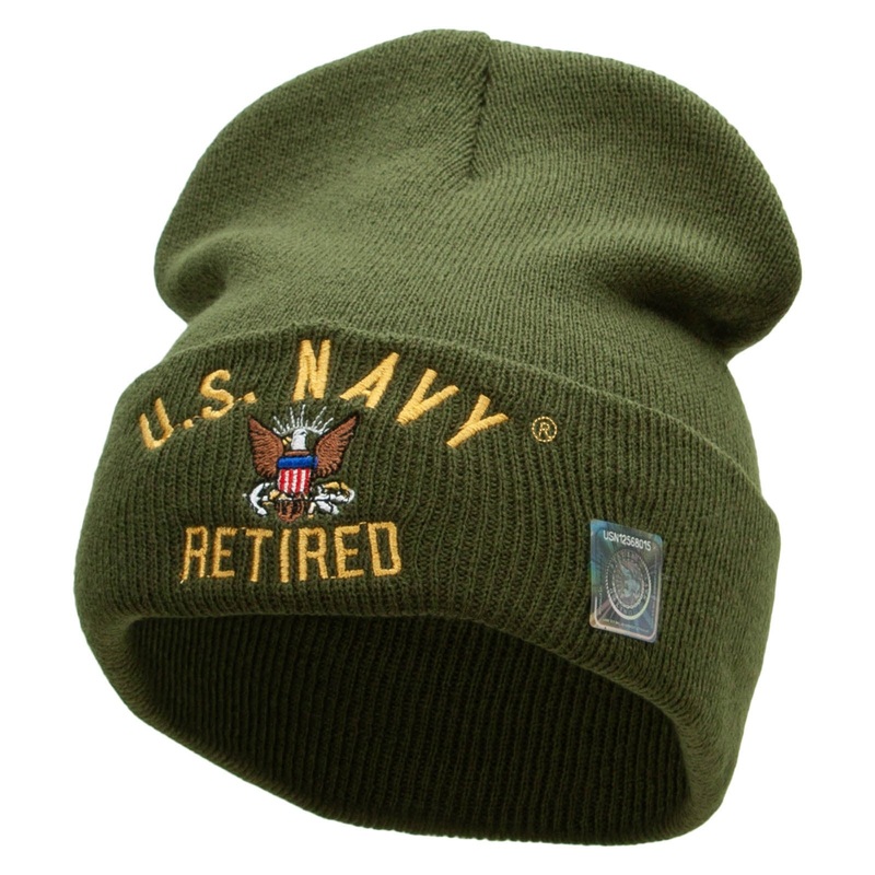 US Navy Retired Logo Embroidered Long Beanie Made in USA Olive One Size