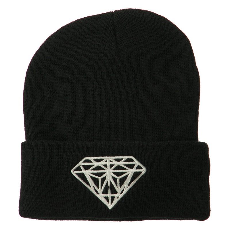 Big Diamond Embroidered Long Beanie Black One Size