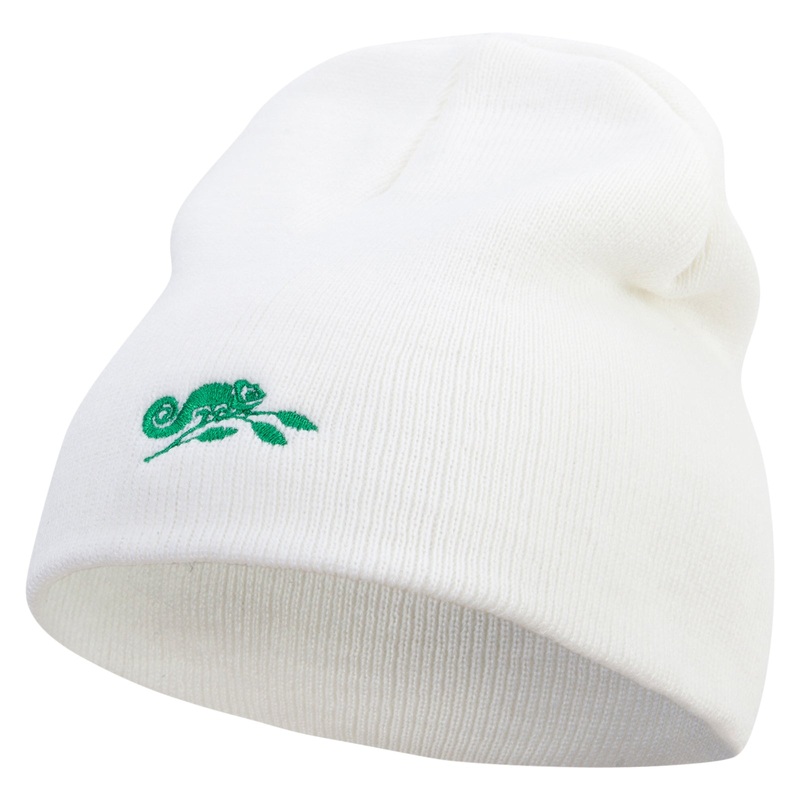 Chameleon Embroidered 8 Inch Knitted Short Beanie White One Size