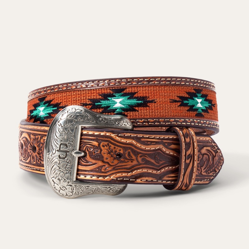 Tooled Tab Embroidered Belt Tan S